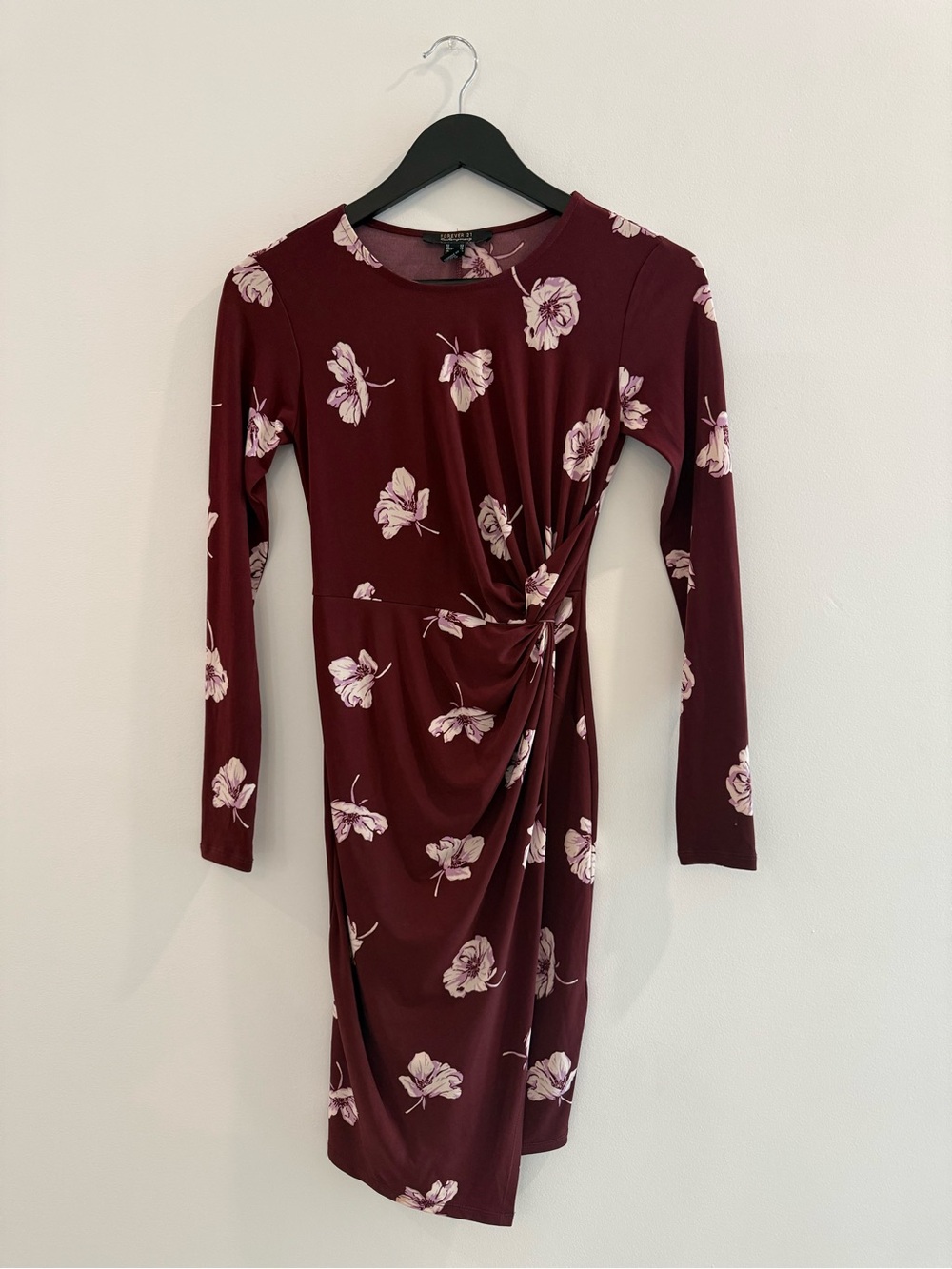 Burgundy Floral Twist-Front Long Sleeve Dress